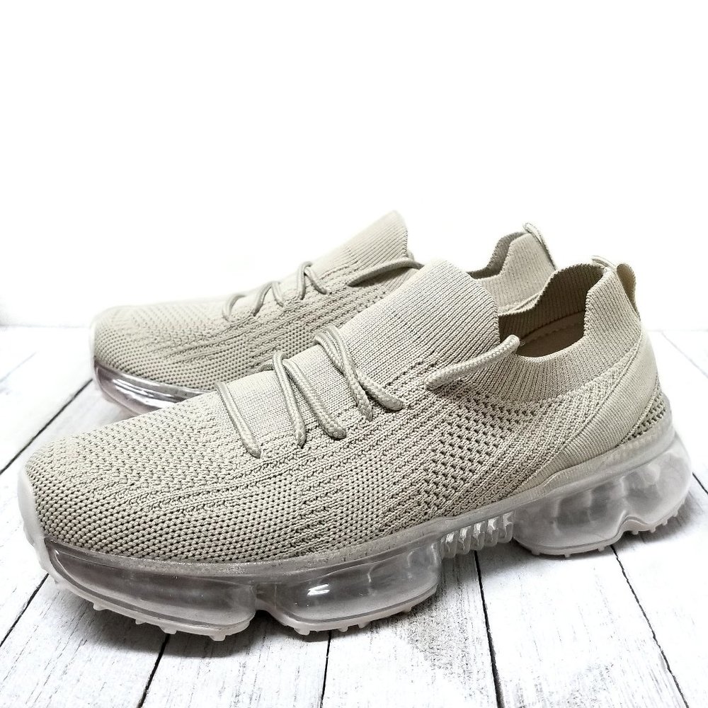 New Beige Knit Stretchy Lace Up Clear Heel Sneakers - Picture 1 of 1
